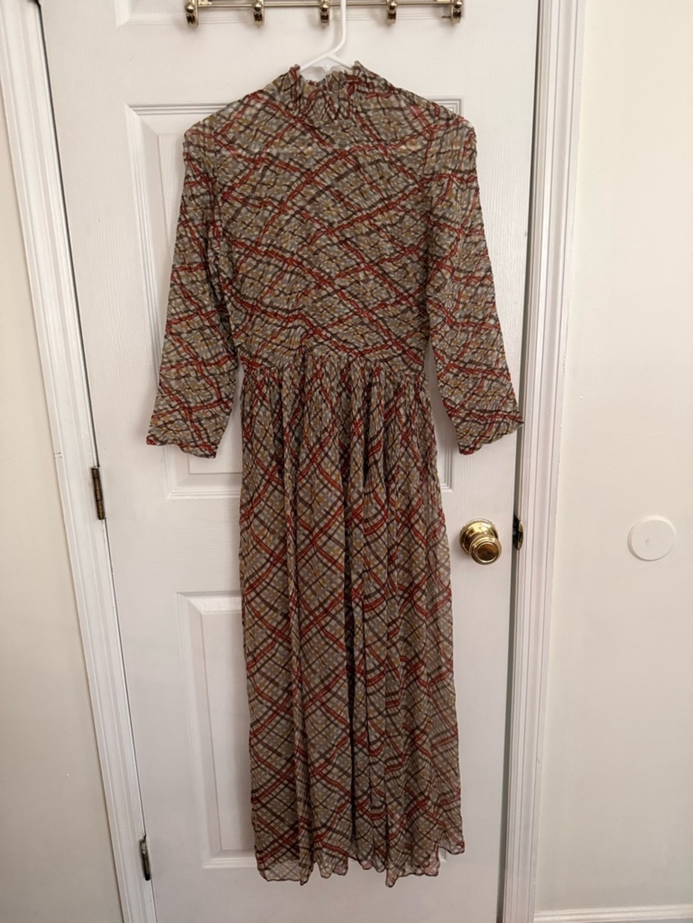 Doen Allegra Women Silk Tomato Emmeline Plaid Check Print Long Maxi Dress XS - Picture 2 of 7